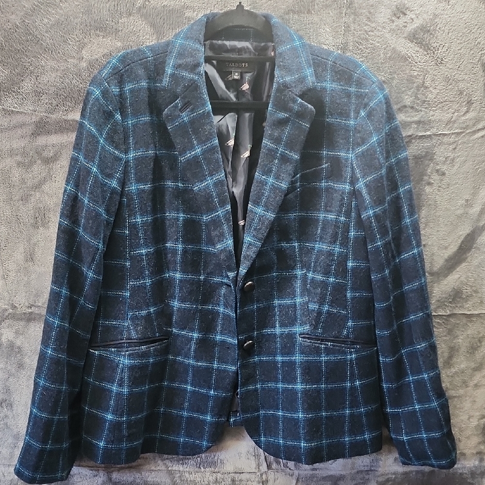 Talbots Wool Blue Checkered Blazer sz 18 Timeless